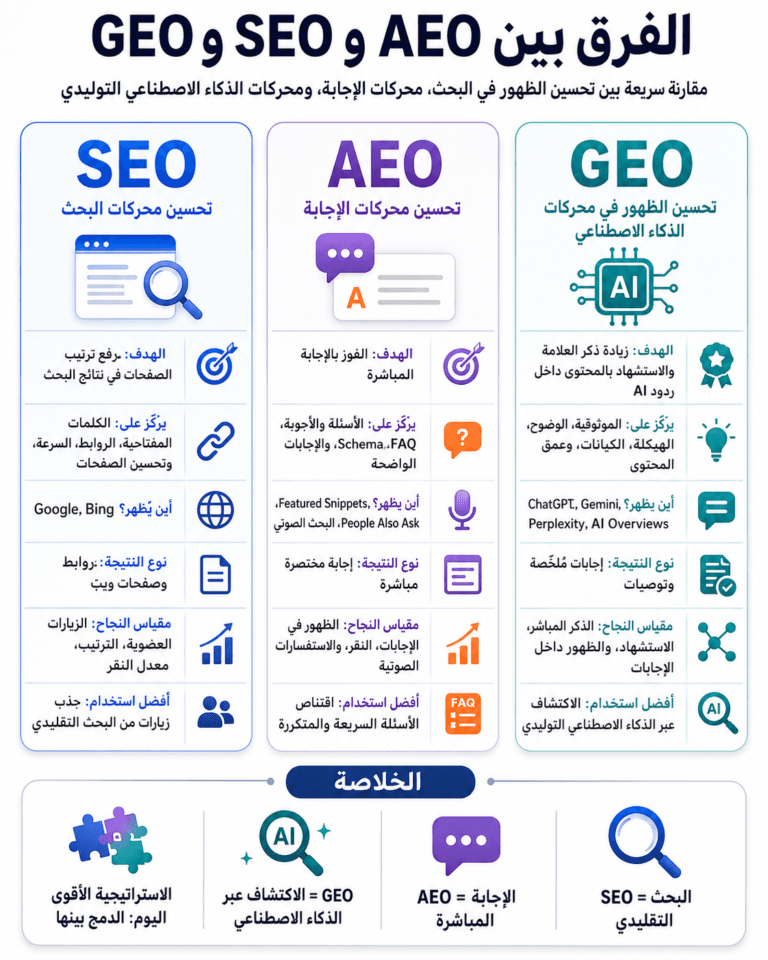 الفرق بين AEO و SEO و GEO